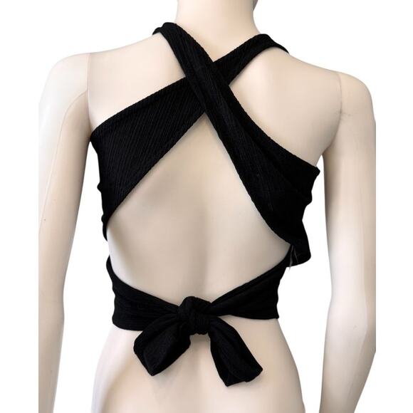 NEW LUSH NORDSTROM Women’s Black Tie Back Cris Cross Textured Tank Top Size XS - Picture 2 of 5